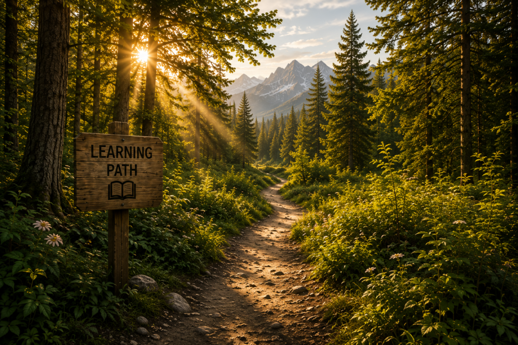 explore learning path through sunlit pines