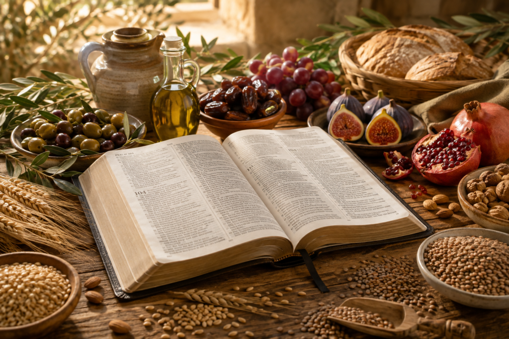 bible open with foods on table